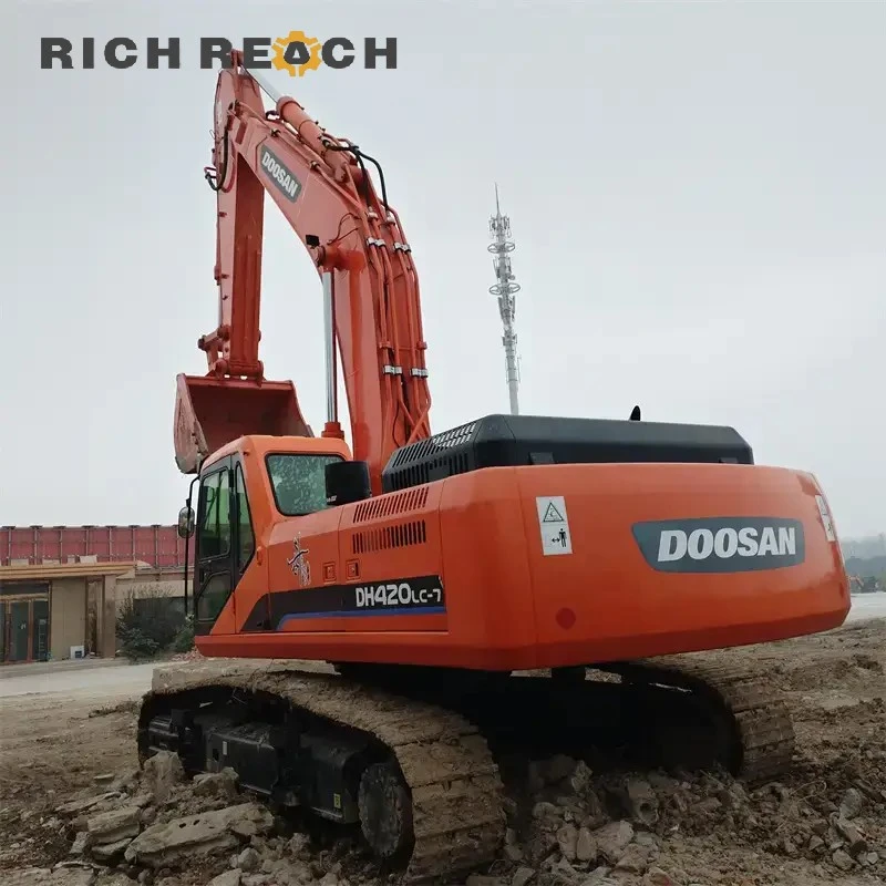 Used Doosan DH420LC-7 excavator for sale – right profile with extended boom, high performance low price