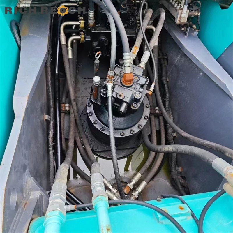 Rear large counterweight and chassis view of a used Kobelco 250 excavator, stability for heavy lifting, low hours, great value