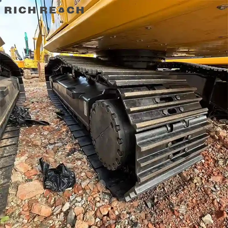 Left side heavy-duty undercarriage of a used Komatsu PC350 excavator for sale