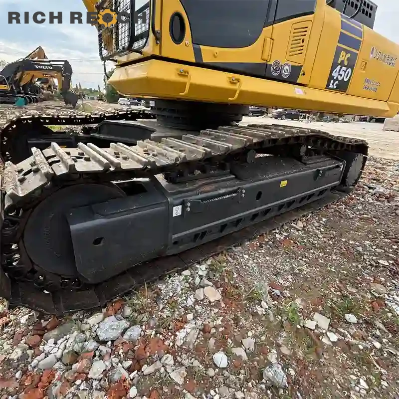 Heavy-duty bucket cylinder and rod on a used Komatsu PC450LC excavator for sale – low hours, massive hydraulic power