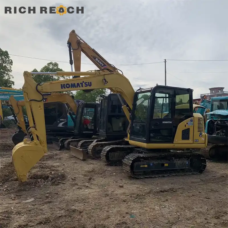 Rear three-quarter view of a used Komatsu PC70 mini excavator for sale