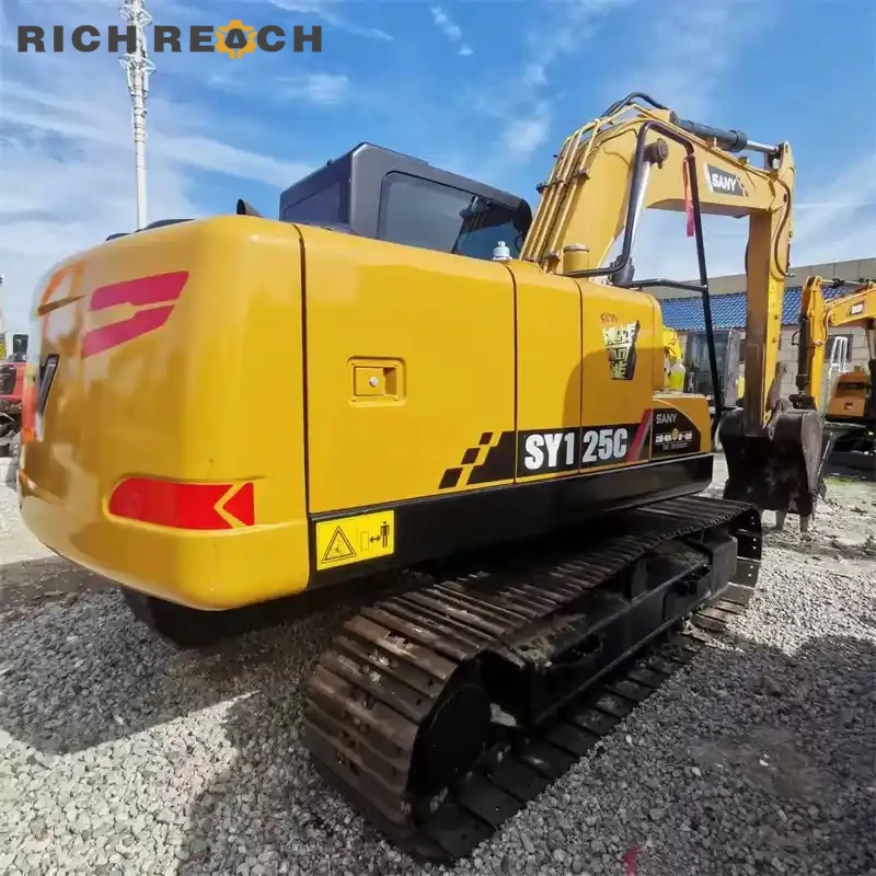Cab interior and original monitor of a used Sany 125C excavator, comfortable joystick and clear displays for construction work