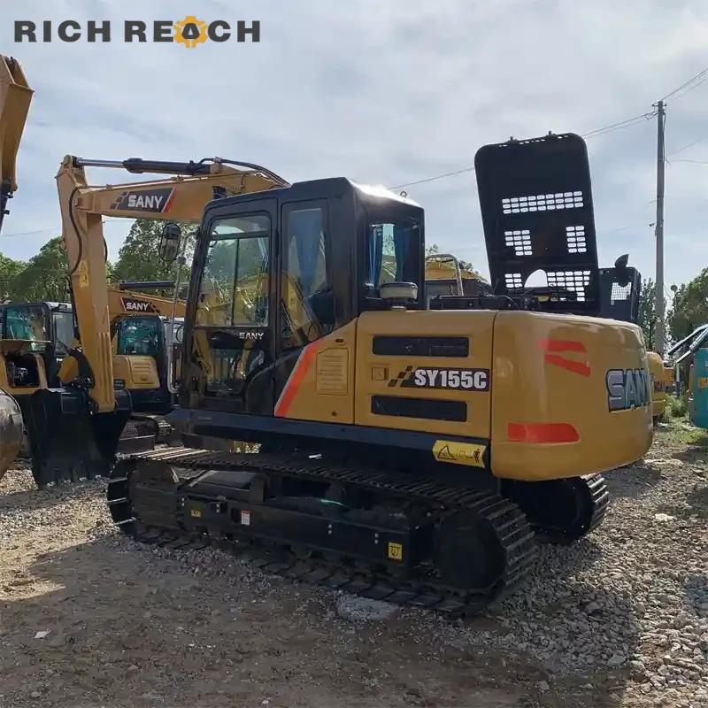 Front three-quarter view of a used Sany 155C crawler excavator, low hours for sale
