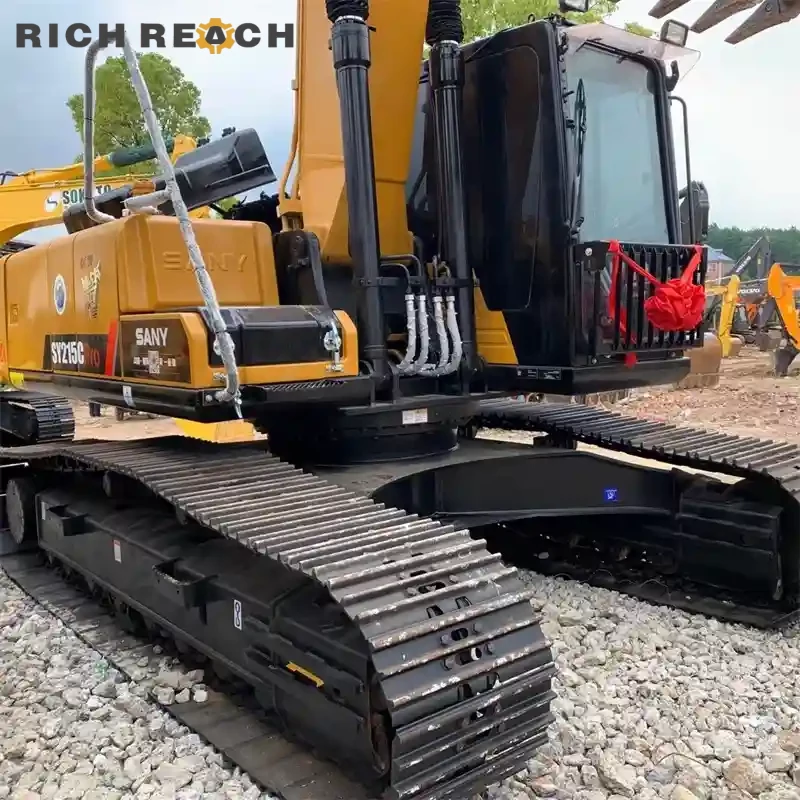 Heavy-duty bucket with wear strips on a used Sany 215C Pro excavator for sale in USD