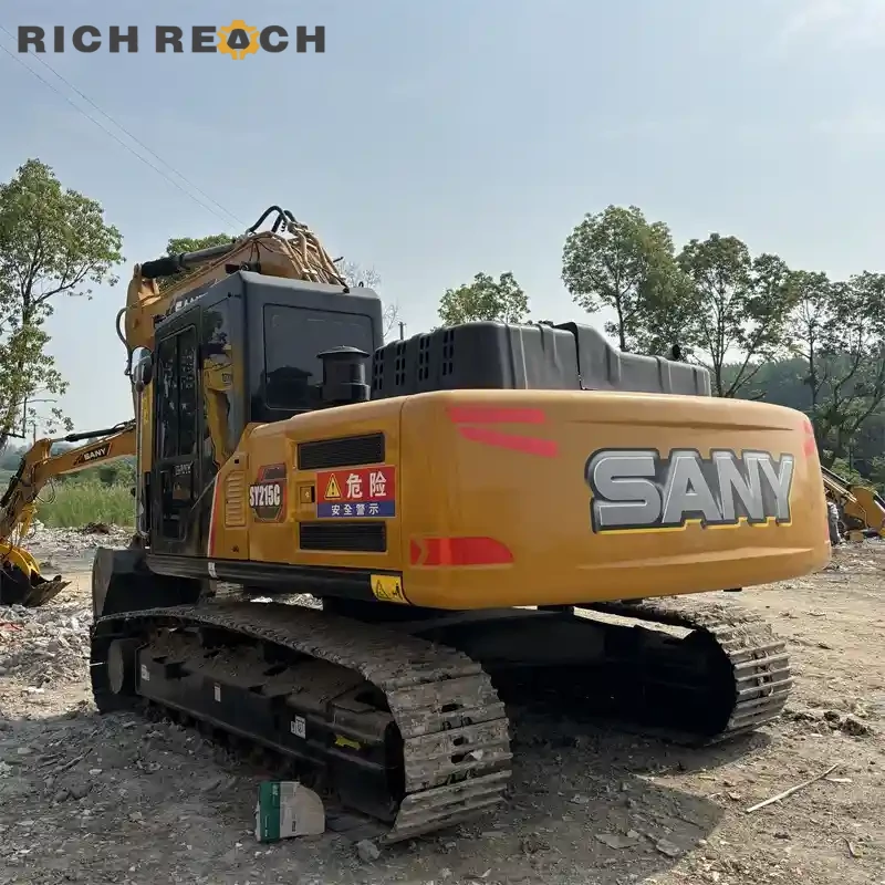 Left side boom lowered view of a used Sany 215C excavator for sale