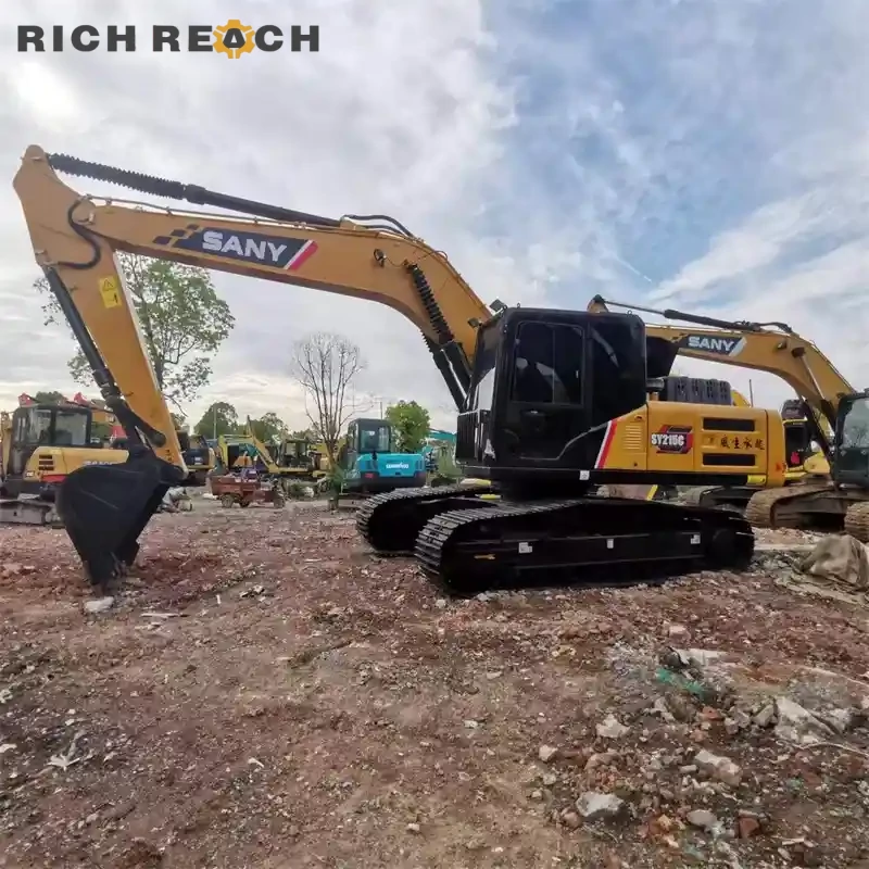 Rear three-quarter view of a used Sany 215C excavator for sale, ready for inspection