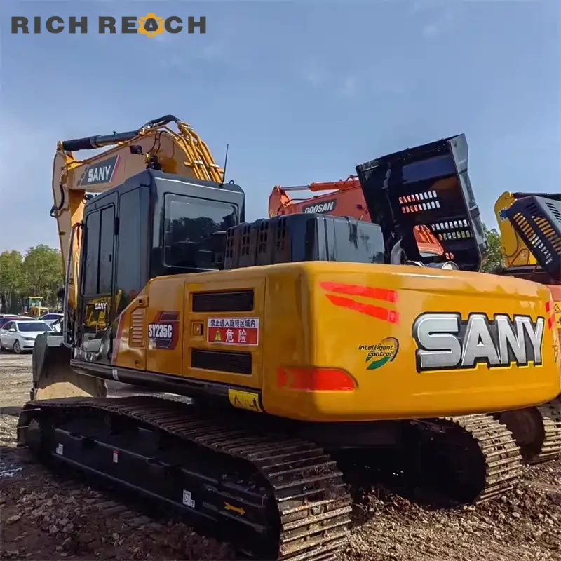 Long track frame and undercarriage of a used Sany 235C crawler excavator, low hours, high stability, priced in USD