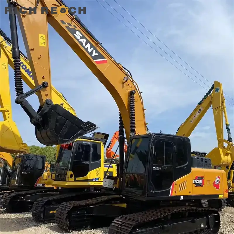 Second hand Sany SY235H excavator digging a deep trench – high performance in action