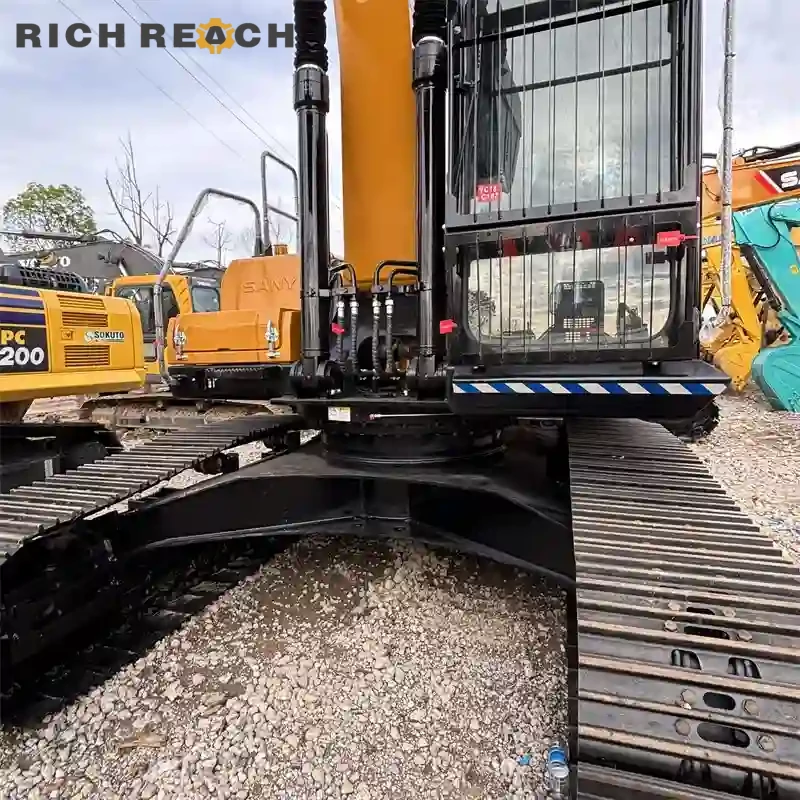 Left side view with heavy-duty undercarriage of used Sany 245H excavator, excellent digging forces