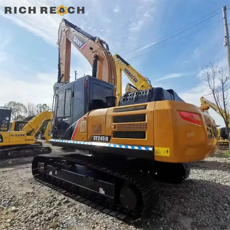 Rear three-quarter view of used Sany 245H excavator, low-hour unit with clean structure