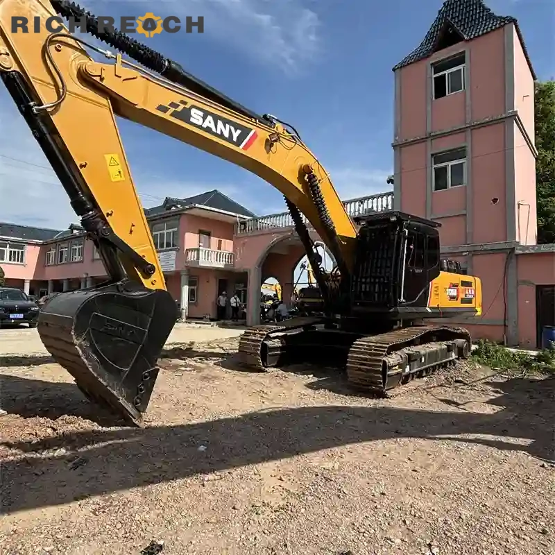 High-back seat and ergonomic controls inside used Sany 365H excavator cabin, second hand machine ready to work, USD quote
