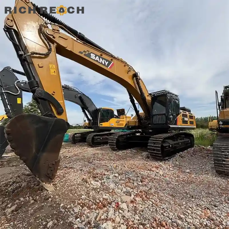 Rear massive counterweight on a used Sany 485H excavator, low-hour machine with massive digging forces, USD price