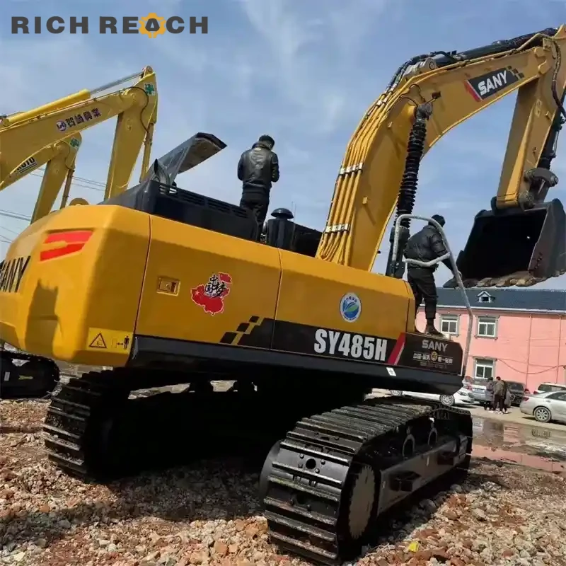 Track chain and rock guard on a used Sany 485H crawler excavator, low hours, massive digging forces, priced in USD