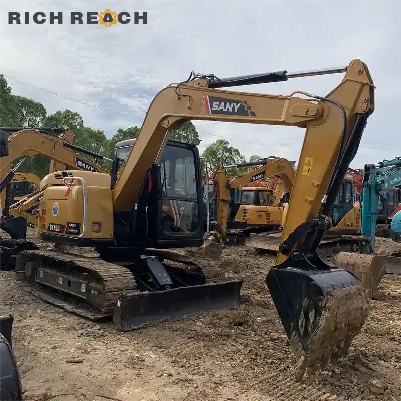 Used Sany 75C Pro excavator backfilling a ditch – powerful and efficient