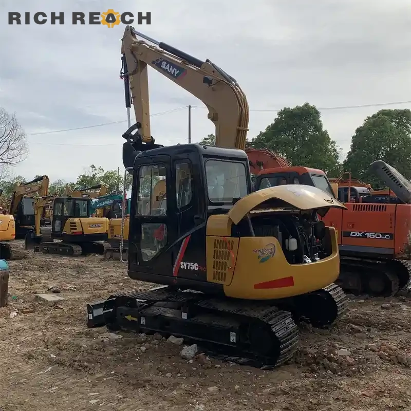 Used Sany 75C Pro excavator cab interior – seat and joysticks, low hour condition