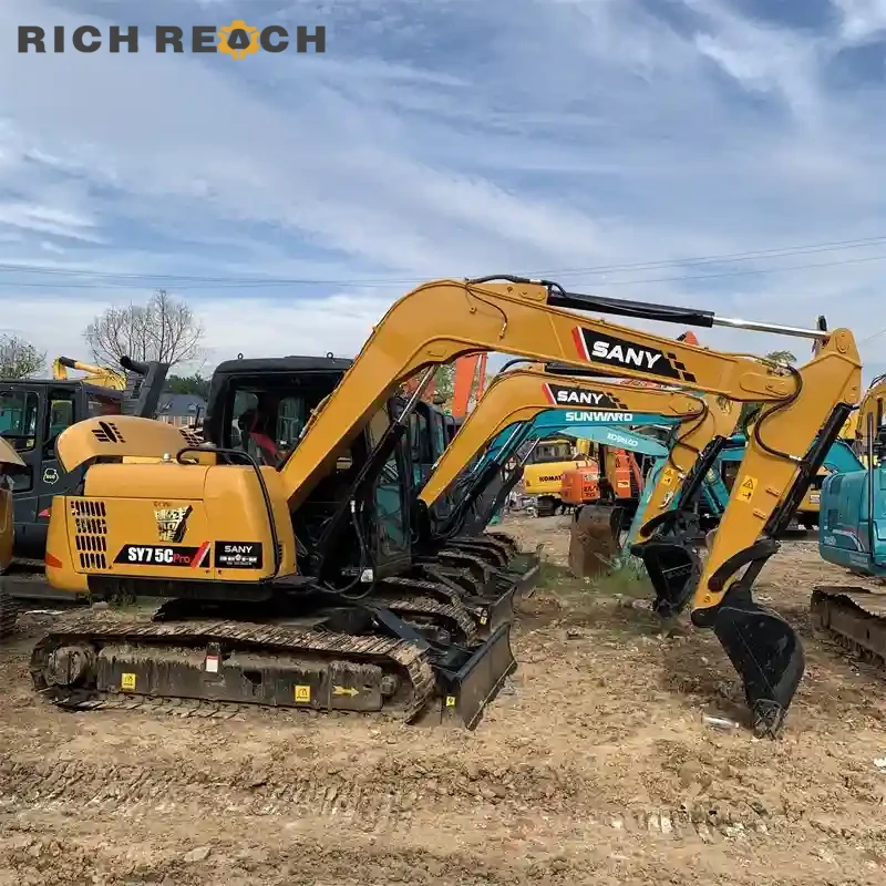 Used Sany 75C Pro excavator loading dump truck – high productivity, low fuel use
