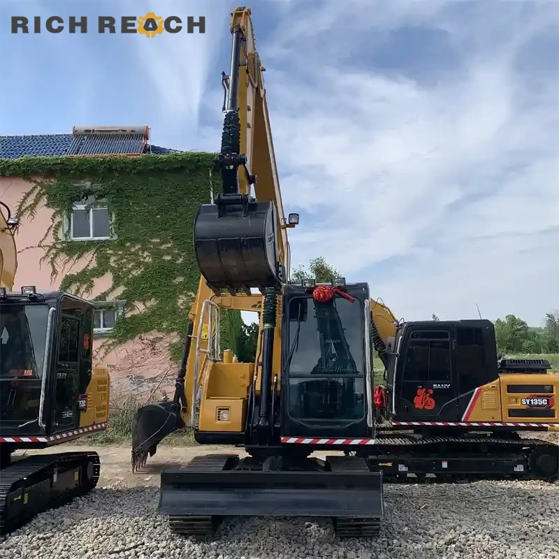Sany SY75C backfilling a ditch – used excavator in action, low hours, great condition, fast quote available