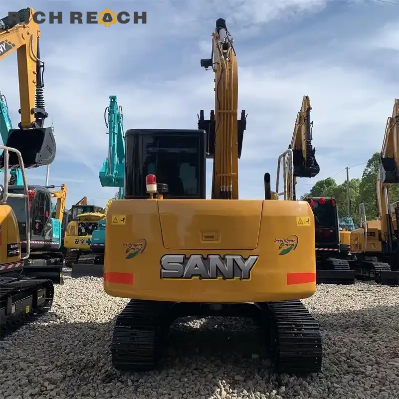 Boom foot pin and grease point on a used Sany 75C crawler excavator – properly lubricated, ready for work