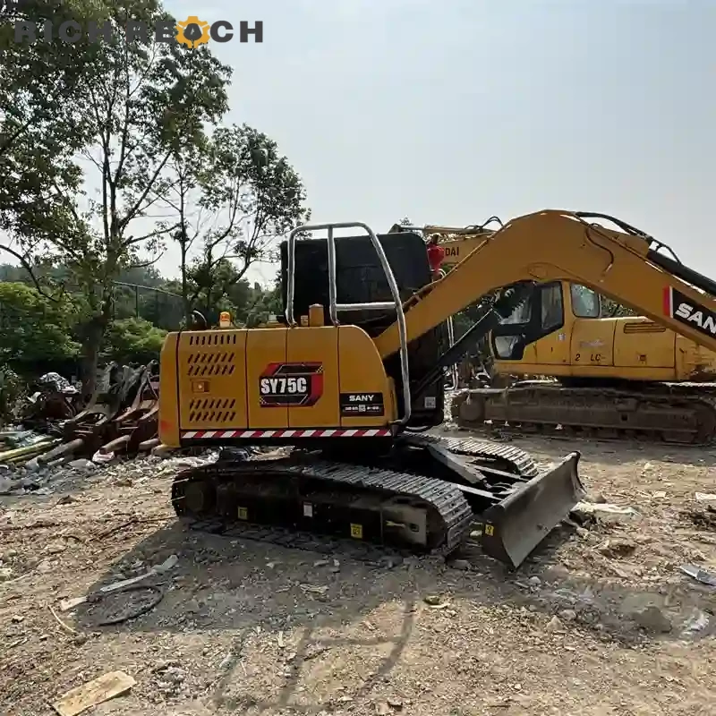 Cab interior, seat and joysticks of a used Sany 75C excavator – ergonomic, low dust, excellent operator environment