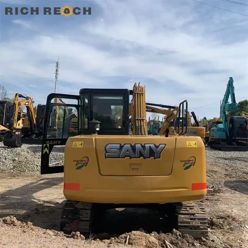 Engine bay, turbocharger and piping of a used Sany 95C Pro excavator with low operating hours