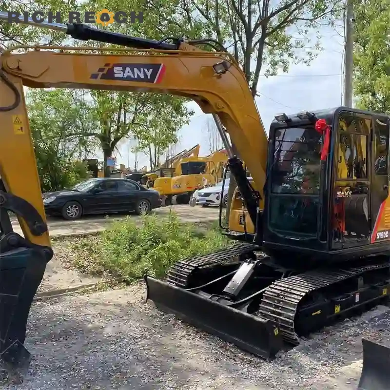 Rear three-quarter view of a used Sany 95C Pro excavator, low hours, high digging force