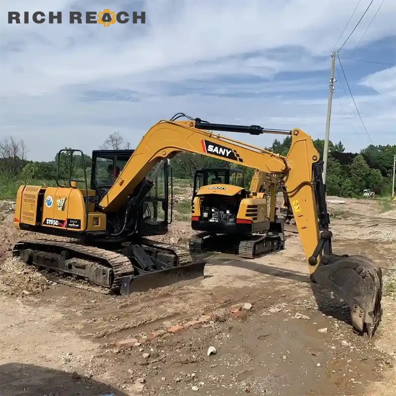 Used Sany 95C Pro excavator equipped with a hydraulic hammer for rock breaking