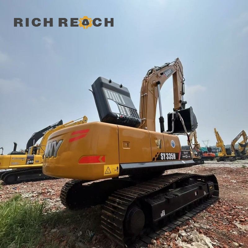Rear engine door and cooling system of a 2020 SANY 335H excavator, low hours, priced at $37,500